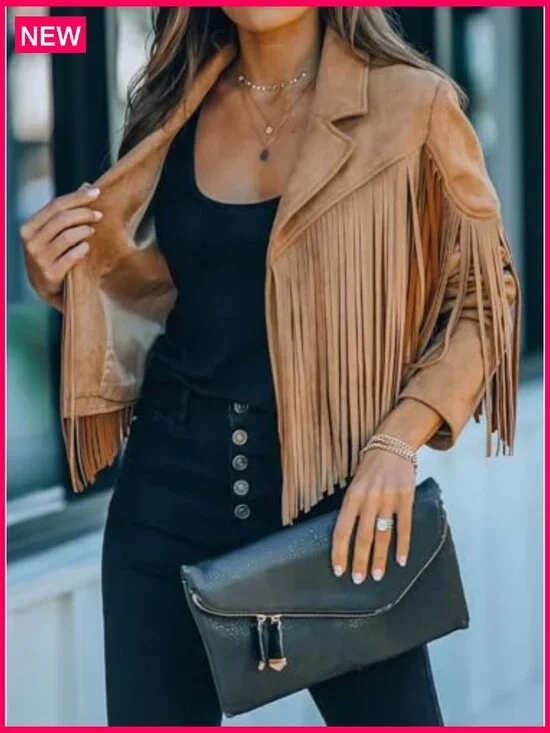 Faux Suede Leather Cropped Jacket with Fringe Tassel Western Style - Picture 2 of 6